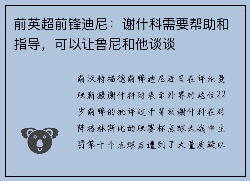 前英超前锋迪尼：谢什科需要帮助和指导，可以让鲁尼和他谈谈